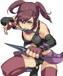  arm_support bad_id bad_pixiv_id bike_shorts breasts brown_eyes brown_hair character_request cleavage fingerless_gloves gloves jewelry kunai large_breasts lowres mouth_hold necklace ninja sengoku_musou short_twintails solo thighhighs twintails weapon yukitada 