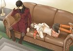  1girl aragaki_shinjirou beanie blush book boots closed_eyes couple female_protagonist_(persona_3) hat hetero lying on_back pantyhose persona persona_3 persona_3_portable sananan scarf sitting skirt sleeping sweater trench_coat 