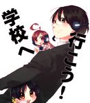  2girls ahoge bad_id bad_pixiv_id black_hair brown_eyes child glasses headphones headset hiyama_kiyoteru kaai_yuki merusuke minigirl multiple_girls red_eyes red_hair sf-a2_miki smile star vocaloid 