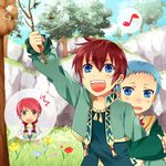  2boys arm_hug asbel_lhant bad_id bad_pixiv_id bee blue_eyes blue_hair brown_eyes brown_hair bug cheria_barnes green_shirt hiding hubert_ozwell insect multiple_boys musical_note red_hair sen_nai shirt tales_of_(series) tales_of_graces younger 