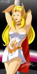  blonde_hair blue_eyes breasts cleavage lipstick long_hair looking_at_viewer makeup masters_of_the_universe pole she-ra skirt solo stiky_finkaz tiara wink 
