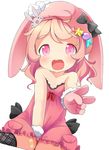  animal_hat bandaid bandaid_on_knee bare_arms bare_shoulders blush bunny bunny_hair_ornament bunny_hat collarbone dress gloves hair_ornament hat hat_with_ears highres long_hair makuran open_mouth original personification pink_dress pink_eyes pink_gloves pink_hair sitting smile solo star strapless strapless_dress v wariza 