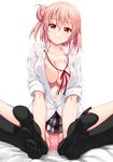  akino_sora areola_slip areolae blush bolo_tie feet looking_at_viewer open_clothes open_shirt panties pantyshot pantyshot_(sitting) pink_hair red_eyes shirt sitting sleeves_rolled_up smile soles solo thighhighs underwear yahari_ore_no_seishun_lovecome_wa_machigatteiru. yuigahama_yui 