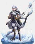  absurdres androgynous armor arrow blue_eyes boots bow_(weapon) full_body fur_trim gloves greaves helmet high_heel_boots high_heels highres ice looking_at_viewer mucuzi pants pointy_ears quiver simple_background solo standing weapon white_gloves white_pants 