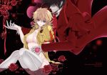  1boy 1girl 2018 alucard_(hellsing) bangs black_hair blonde_hair blood blood_on_breasts blush breasts character_name cleavage commentary_request cover cover_page crest doujin_cover eyebrows_visible_through_hair flower gloves hair_over_eyes hand_holding hellsing hetero jacket knees_together_feet_apart kurobe_sclock large_breasts long_coat no_bra no_hat no_headwear no_panties open_clothes open_jacket partially_submerged pentagram petals red_jacket rose rose_petals seras_victoria short_hair short_ponytail solo thighhighs vampire water white_gloves white_legwear 