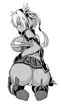 ass bare_shoulders blush breasts budget_sarashi dot_triangle from_behind glasses gloves greyscale hair_ornament kantai_collection ken_(koala) kneeling large_breasts looking_at_viewer looking_back miniskirt monochrome musashi_(kantai_collection) nontraditional_miko sarashi short_hair sideboob simple_background skirt solo thighhighs white_background 