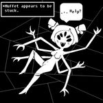  anthro arachnid arthropod black_and_white black_eyes blush crab-gnaw-sizzle dialogue english_text fangs female hair hair_bow looking_at_viewer monochrome muffet multi_limb multiple_eyes nude open_mouth solo speech_bubble spider stuck text undertale 