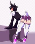  2015 animal_humanoid bent_over black_hair blush butt claws clothed clothing female fireflufferz garter_belt garterbelt glowing hair hooves humanoid lace lagomorph legwear lingerie looking_back mammal monster monster_girl panties presenting presenting_hindquarters rabbit simple_background solo stockings underwear usagi 