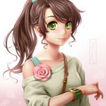  beads bishoujo_senshi_sailor_moon brown_hair earrings flower flower_earrings green_eyes green_shirt hair_beads hair_ornament jewelry kino_makoto kotikomori off_shoulder ponytail rose shirt smile solo upper_body watch wristwatch 