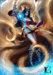  1girl ahri animal_ears aura black_hair boots breasts cleavage detached_sleeves energy_ball facial_mark fox_ears fox_tail full_body kevin_glint league_of_legends long_nails looking_at_viewer midair multiple_tails solo tail whiskers yellow_eyes 