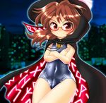  brown_eyes brown_hair cameltoe cloak crossed_arms glasses hat one-piece_swimsuit school_swimsuit shiny shiny_clothes shiny_skin solo swimsuit touhou usami_sumireko winn 