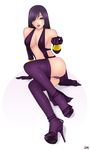  1girl :p breasts high_heels khalitzburg large_breasts looking_at_viewer no_bra purple_eyes purple_hair revealing_clothes simple_background solo thighhighs tongue_out white_background 