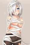  absurdres bandages bare_shoulders blue_eyes breasts hair_ornament hair_over_one_eye hairclip halloween hamakaze_(kantai_collection) highres kantai_collection looking_at_viewer medium_breasts mouth_hold no_shirt pantyhose saku_(kudrove) short_hair silver_hair solo torn_clothes torn_legwear 