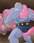  2013 angry anthro back belt biceps big_muscles brown_eyes clenched_teeth clothed clothing duo half-dressed humanoid licking lickitung long_tongue looking_back machoke maldu male muscular muscular_male nintendo pok&eacute;mon saliva standing teeth tongue tongue_out topless underwear video_games wet 