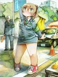  1girl armband car copyright_request facial_hair faux_traditional_media flag food fruit green_eyes ground_vehicle hade_na_kangofu highres motor_vehicle mouth_hold mustache old_man orange plump police police_car police_uniform policewoman safety_pin traffic_cone uniform whistle 