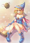  :d areola_slip areolae bare_shoulders blonde_hair blue_footwear book boots breasts choker cleavage dark_magician_girl dianche_miao_(18826) duel_monster green_eyes hair_between_eyes hat highres kuriboh long_hair magic_circle medium_breasts open_mouth smile wizard_hat yuu-gi-ou 