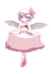  alternate_costume aura bare_shoulders bat_wings blue_hair bow crossed_legs curtsey dress flower_ornament frilled_dress frills full_body hat hat_bow highres kugi_(kugi-xiv) mary_janes mob_cap pink_dress pink_legwear red_eyes remilia_scarlet shoes short_hair simple_background socks solo strapless strapless_dress touhou watson_cross white_background wings 