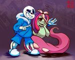  blue_eyes blush bone clothing cute duo female fish green_skin hair jacket male marine multicolored_hair pink_hair purple_hair rattlesire sans_(undertale) shyren siren skeleton slippers smile undertale yellow_eyes 