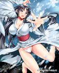  1girl barefoot belt black_hair blue_eyes breasts cleavage collarbone female itachou japanese_clothes large_breasts long_hair magic open_mouth original outdoors panties skirt_flip snow solo underwear white_panties wood yukata yuki_onna 