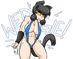  2015 abs animal_humanoid arm_warmers big_breasts bikini black_hair blush breasts cat_humanoid clothing feline female hair humanoid mammal muscular muscular_female nipple_bulge pcaduck sling_bikini slit_pupils snowy_(pcaduck) solo swimsuit yellow_sclera 