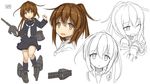  black_legwear brown_eyes brown_hair cannon character_name chestnut_mouth crescent expressions fumizuki_(kantai_collection) hayashi_naoharu kantai_collection loafers long_hair looking_at_viewer looking_away multiple_views necktie open_mouth ponytail school_uniform shoes simple_background socks tareme torpedo white_background white_neckwear 