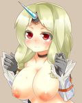  1girl blonde_hair blush breasts capcom female gloves horn kirin_(armor) large_breasts monster_hunter nipples red_eyes solo wavy_mouth 