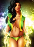  1girl asymmetrical_hair black_hair brazilian breasts brown_eyes cleavage cornrows curvy dark_skin electricity female jassy_coco jassycoco large_breasts laura_matsuda long_hair navel parted_lips solo standing stomach street_fighter street_fighter_v string_panties thick_thighs undone vest wide_hips 