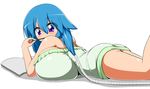  1girl absurdres ass bare_shoulders blue_hair book breasts chocolate eating female gigantic_breasts highres long_hair long_twintails lying moralgear on_stomach original purple_eyes simple_background solo thighs twintails white_background 