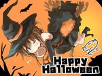  alternate_costume artist_name bat broom broom_riding brown_eyes brown_hair candy commentary_request darkside elbow_gloves folded_ponytail food gloves halloween hat inazuma_(kantai_collection) kantai_collection lollipop mouth_hold one_eye_closed solo witch_hat 