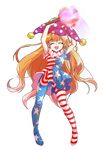  ^_^ alphes_(style) american_flag_dress american_flag_legwear arms_up blonde_hair closed_eyes clownpiece dairi full_body hat highres jester_cap long_hair open_mouth pantyhose parody smile solo star striped striped_legwear style_parody torch touhou transparent_background very_long_hair 