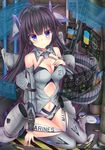  ah-1_cobra ahoge bad_id bad_pixiv_id black_hair blue_eyes boots breasts bullet cleavage collar commentary_request detached_sleeves expressionless grey_footwear hand_on_own_chest headset highres large_breasts long_hair looking_at_viewer mecha_musume navel original personification shell_casing sitting solo spade_(shape) tf_(tfx2) thigh_boots thighhighs very_long_hair yokozuwari 