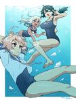 ahoge air_bubble arms_behind_head bangs barefoot blonde_hair blue_eyes breasts breath bubble commentary_request diving dress female_admiral_(kantai_collection) flower freediving goggles goggles_on_eyes hair_flower hair_ornament holding_hands i-58_(kantai_collection) ikeshita_moyuko kantai_collection large_breasts multiple_girls one-piece_swimsuit pink_eyes pink_hair ponytail ro-500_(kantai_collection) sailor_dress school_swimsuit school_uniform shiomi_kaoru sidelocks smile swimming swimsuit tan underwater 