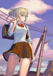  bad_id bad_pixiv_id bag blonde_hair blue_eyes blue_sky bow bowtie brown_skirt cloud conductor expressionless looking_afar original outdoors over_shoulder pole school_bag school_uniform shirt short_sleeves skirt sky solo standing telephone_pole washi_no_tosaka white_shirt wind 