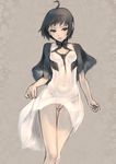  ahoge black_hair breasts breasts_apart brown_eyes covered_nipples dress ico looking_at_viewer multicolored_hair musen-shiki_sanhankikan no_bra no_panties pussy short_hair small_breasts solo yorda 