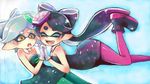  aori_(splatoon) black_hair detached_collar domino_mask dress fangs food food_on_head gloves long_hair mask mizoreame mole mole_under_eye multiple_girls object_on_head open_mouth pantyhose pointy_ears short_hair short_jumpsuit splatoon_(series) splatoon_1 tentacle_hair yuri 