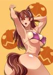  animal_ears arched_back arms_up ashigara_(kantai_collection) ass bangs bikini_top bottomless breasts brown_eyes brown_hair covered_nipples cowboy_shot fangs hair_between_eyes hairband halloween jack-o'-lantern kantai_collection kemonomimi_mode large_breasts long_hair looking_at_viewer open_mouth orange_background pink_lips pumpkin ribs slit_pupils solo strap_gap tail twisted_torso webslinger wolf_ears wolf_girl wolf_tail 