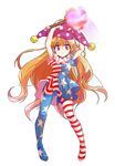  alphes_(style) american_flag_dress american_flag_legwear arms_up blonde_hair clownpiece dairi full_body hat highres jester_cap long_hair looking_at_viewer pantyhose parody pink_eyes solo star striped striped_legwear style_parody torch touhou transparent_background very_long_hair 