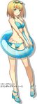  bikini blonde_hair blue_eyes blue_innertube bob_cut body_writing breasts cleavage eyewear_on_head front-tie_top full_body heavy_object high_heels highres innertube medium_breasts milinda_brantini nagi_ryou navel official_art open_toe_shoes shiny shiny_skin shoes short_hair side-tie_bikini smile solo strap_gap sunglasses swimsuit transparent_background 