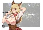  animal_ears arm_behind_head arm_up armpits artist_name blonde_hair breasts cover cover_page doujin_cover dress dress_pull erune extra finger_to_mouth granblue_fantasy green_eyes grin highres lactation large_breasts long_hair nipples smile solo steam sweat wristband yozo_(stanky) 