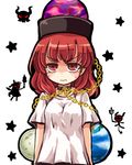  alternate_costume chain clownpiece collar commentary demon earth_(ornament) hat hecatia_lapislazuli long_hair lowres moon_(ornament) pote_(ptkan) red_eyes red_hair shaded_face shirt solo star starry_background tearing_up tears touhou 