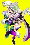  2girls absurdres aori_(splatoon) black_hair brown_eyes detached_collar domino_mask dress earrings fangs food food_on_head gloves green_legwear grey_hair grin highres hotaru_(splatoon) jewelry long_hair looking_at_viewer mask mitsumame0810 mole mole_under_eye multiple_girls object_on_head one_eye_closed open_mouth pantyhose pointy_ears pose purple_legwear shoes short_dress short_hair short_jumpsuit smile splatoon_(series) splatoon_1 standing tentacle_hair white_gloves yellow_background 