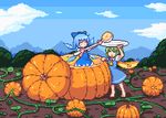  ajia_(otya3039) blue_hair cirno daiyousei food fruit_cup green_hair grin halloween ice ice_wings in_food lowres multiple_girls pixel_art pumpkin smile touhou wings 