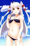  amatsukaze_(kantai_collection) arugin_san bikini brown_eyes food hairband highres kantai_collection long_hair navel popsicle silver_hair solo stomach swimsuit two_side_up 
