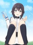  :d black_hair blush bottle chaostein character_name from_below hayasui_(kantai_collection) jacket kantai_collection knees_together_feet_apart looking_at_viewer open_mouth panties pantyshot short_hair skirt smile solo track_jacket underwear water_bottle 