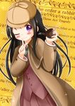  black_hair chitanda_eru coat cosplay deerstalker detective hat highres hyouka kimi_ni_matsuwaru_mystery long_hair one_eye_closed pipe purple_eyes solo zenon_(for_achieve) 