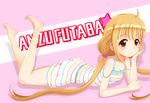  alternate_costume barefoot blonde_hair brown_eyes casual character_name futaba_anzu hand_on_own_cheek idolmaster idolmaster_cinderella_girls legs_up long_hair low_twintails lying multicolored multicolored_stripes on_stomach pink_background solo striped telaform the_pose twintails 