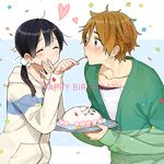  1girl black_hair brown_eyes brown_hair closed_eyes feeding food happy_birthday hood hooded_jacket hoodie jacket kitashirakawa_tamako long_hair low_twintails mochi momose_(oqo) ooji_mochizou short_hair tamako_market twintails wagashi 