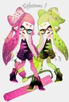  aori_(splatoon) aori_(splatoon)_(cosplay) commentary copyright_name cosplay domino_mask dress fangs food food_on_head gloves green_legwear green_shirt grey_background highres holding holding_weapon hotaru_(splatoon) hotaru_(splatoon)_(cosplay) inkling long_hair looking_at_viewer mask multiple_girls object_on_head open_mouth oversized_object paint_roller pantyhose pink_legwear pointy_ears shirt shoes short_dress short_jumpsuit splat_roller_(splatoon) splatoon_(series) splatoon_1 splattershot_(splatoon) standing strapless strapless_dress strawberry_natto super_soaker tentacle_hair weapon white_gloves 
