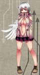  alternate_costume angel_wings aoshima bare_shoulders breasts cleavage commentary_request dress empty_eyes highres kishin_sagume large_breasts long_sleeves navel no_bra open_clothes open_dress print_dress red_eyes short_dress silver_hair single_wing solo touhou wings 