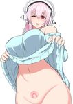  ;p bad_id bad_twitter_id bare_shoulders blush breasts clothes_lift groin headphones large_breasts long_hair looking_at_viewer miyamoto_issa navel nitroplus no_panties off-shoulder_sweater one_eye_closed out-of-frame_censoring pink_eyes pink_hair pubic_tattoo simple_background smile solo super_sonico sweater sweater_lift tattoo tongue tongue_out white_background 